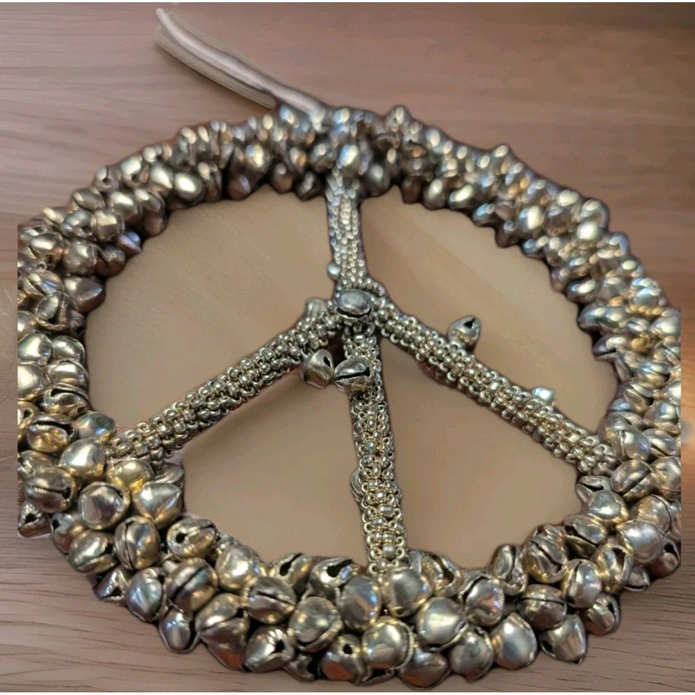Pottery Barn Bell Peace Sign Hanging Gold Brass Tone Metal Boho Decor 6